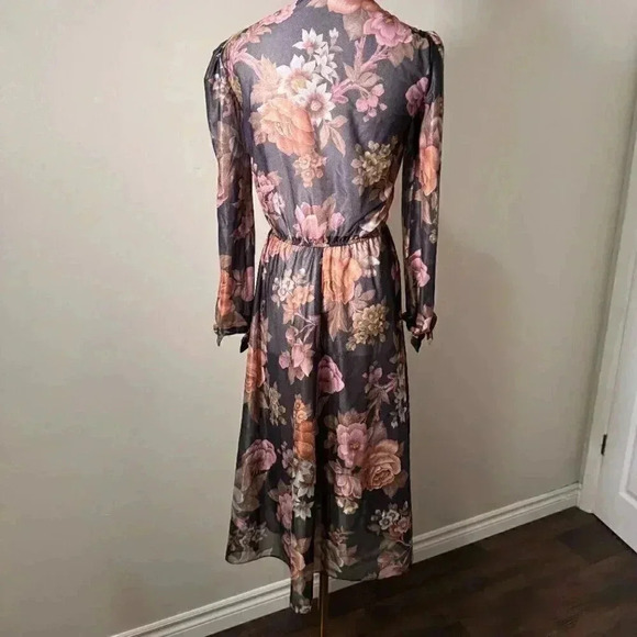 Vintage Floral Sheer Midi Dress Smocked Waist Puff Sleeves - Picture 6 of 8